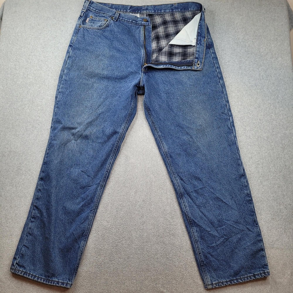 Carhartt Flannel Lined Denim Jeans Mens 42x32 Blue B172 DST Relaxed Fit
